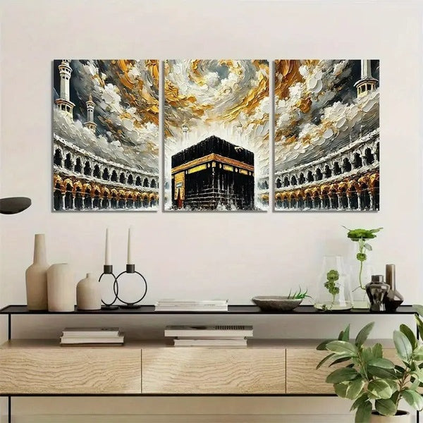 Khana Kaba Wooden Wall Art – 3 Piece Islamic Frame Set Made With Wooden Stickytile, Each Frame 8x11 Inches, Easy To Install With Included Double Tape - GlowLaa.com