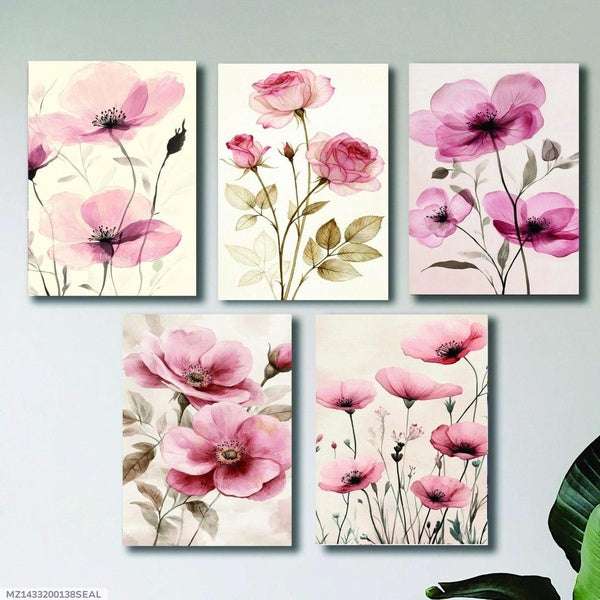 Set of 5 Floral Wooden Wall Frames – 8x11 Inch Decorative Art Panels with Double Tape - GlowLaa.com