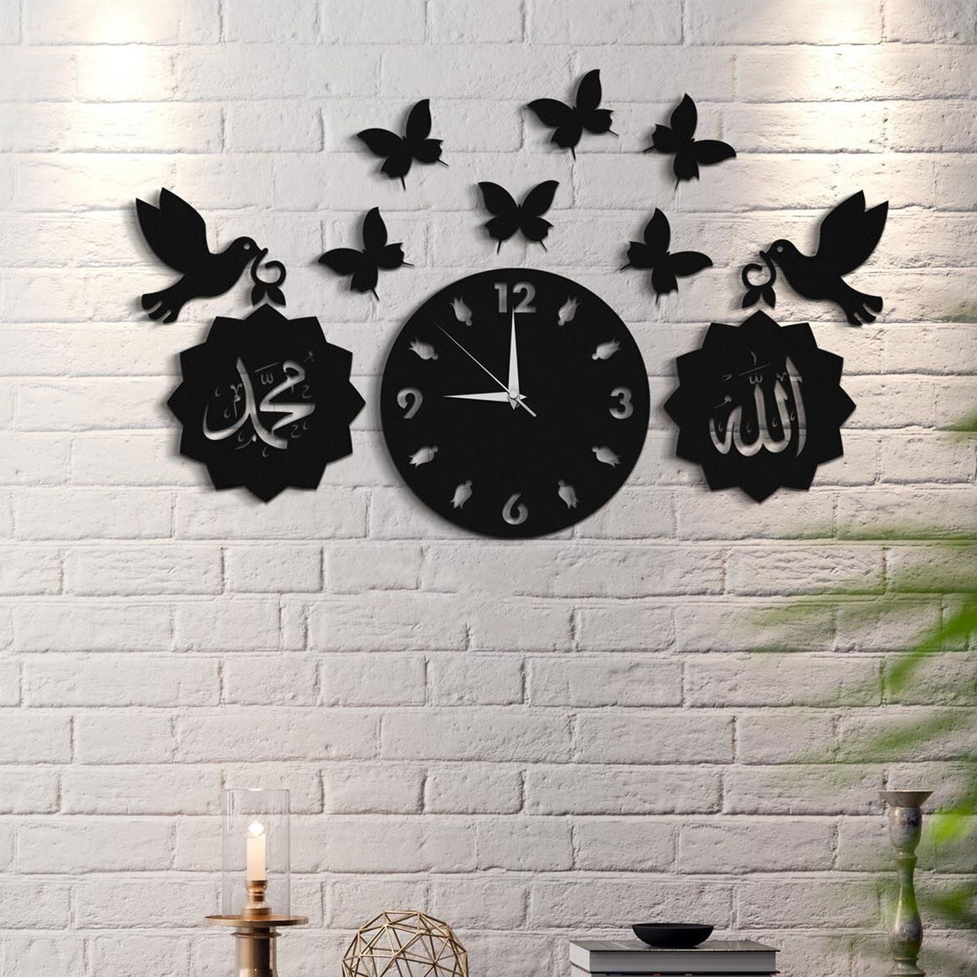 Allah Muhammad with beautiful butterfly Wooden Wall Clock Islamic 3D Style Wooden Wall Clock with light