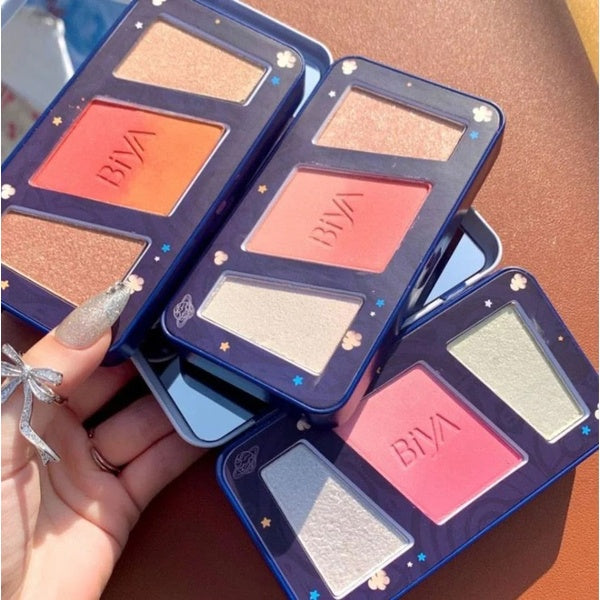 3 in 1 Colors Facial Blush Gradual Powder Blusher Shimmer Highlighter Three-dimensional Brightening Powder Blusher Palette - Biya Korean Highlighter & Blush Palette