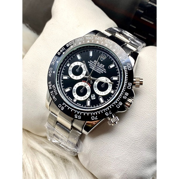 Rolex Daytona Rotating Bezel Quartz Machine | Quartz Chronograph Movement Silver Stainless Steel Strap Watch With Master Lock For Men ( Without Box ) - Silver - GlowLaa.com