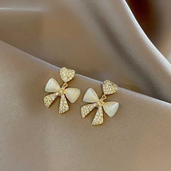 Heart Bow Zircon Korean Earring for Women(Golden) - GlowLaa.com