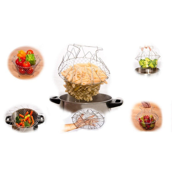 STAINLESS STEEL MULTI-FUNCTIONAL FOLDABLE COOKING Chef Basket Deluxe Kitchen Colander, MESH STEAM RINSE STRAIN FRY BASKET DEEP FRYER