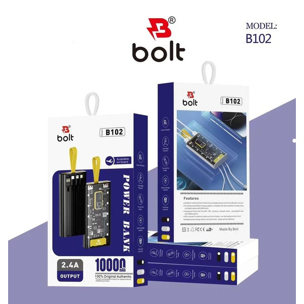 Bolt Power Bank B102 High-Capacity Portable Charger Designed To Keep Your Devices Powered Up On The Go 10'000mAh Battery