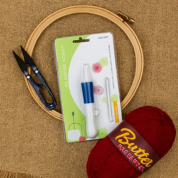 3D Embroidery Punch Needle Kit with 10 Inch Wooden Hoop, Jute Cloth (20x36 inch), Thread, Scissors & Tools – Complete Handcraft Embroidery Set (Maroon Yarn)