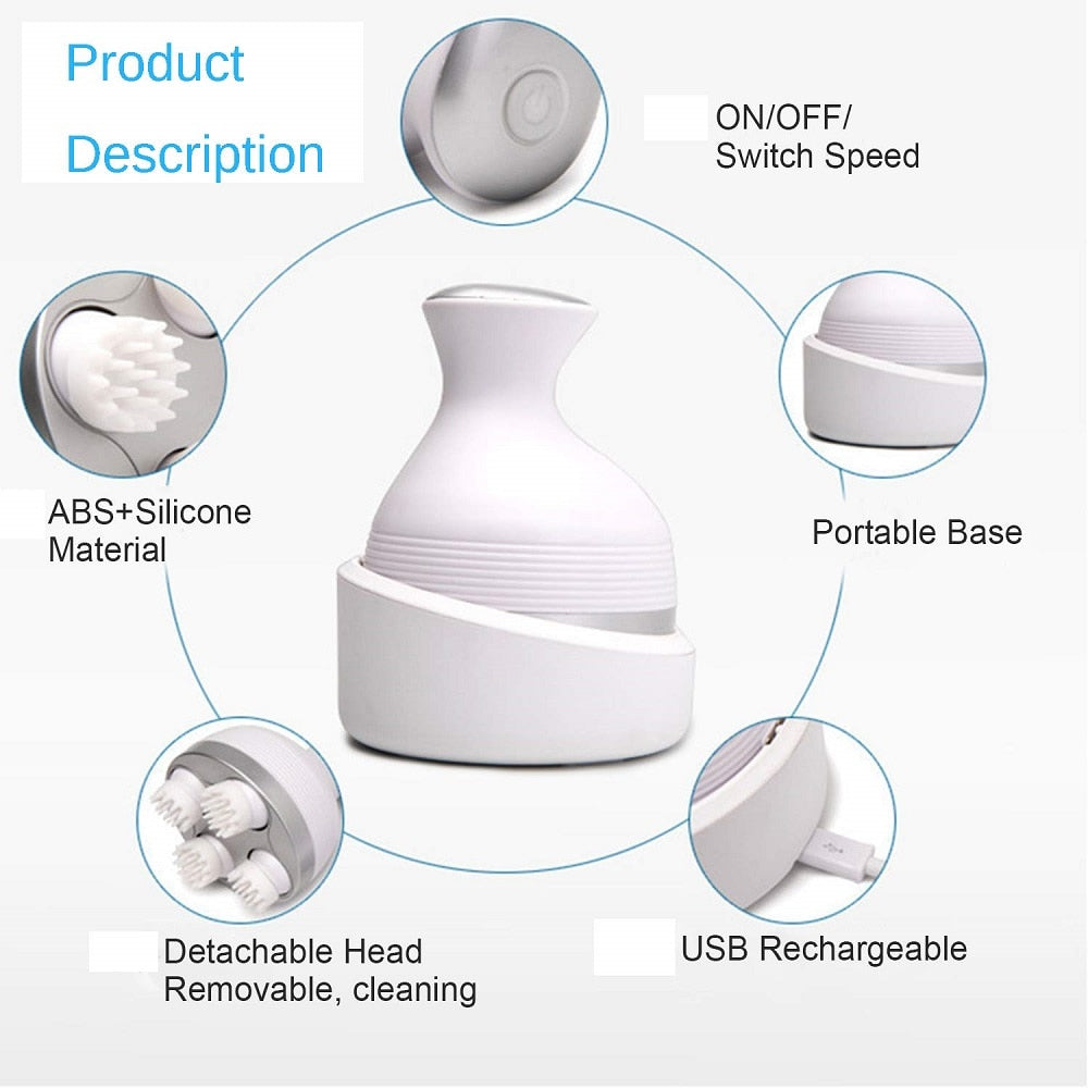 Scalp Massager, Electric Meridian Massage with 4 Moveable Massage Cluster, Rechargeable Portable Washable Head Massager to Relieve Fatigue and Hair Loss