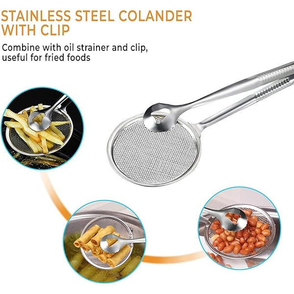 2 IN 1 FRYING TONG | Imported Small Multi-functional 2 in 1 Fry Tool Filter Spoon Strainer With Clip, Oil Frying BBQ Filter Stainless Steel Mesh