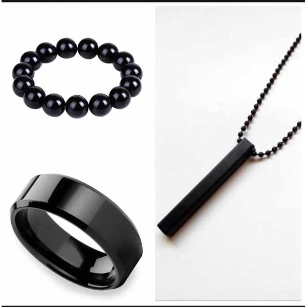 Pack Of 3 Vertical Bar Boy's Pendant, Ring And Bracelet Set, color black - 16 - GlowLaa.com