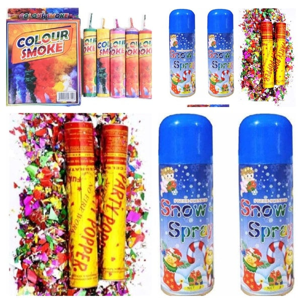 Celebration Combo Pack – 2 Snow Sprays + 2 Party Poppers + 5 Color Smoke Bombs for Birthdays & Parties - GlowLaa.com
