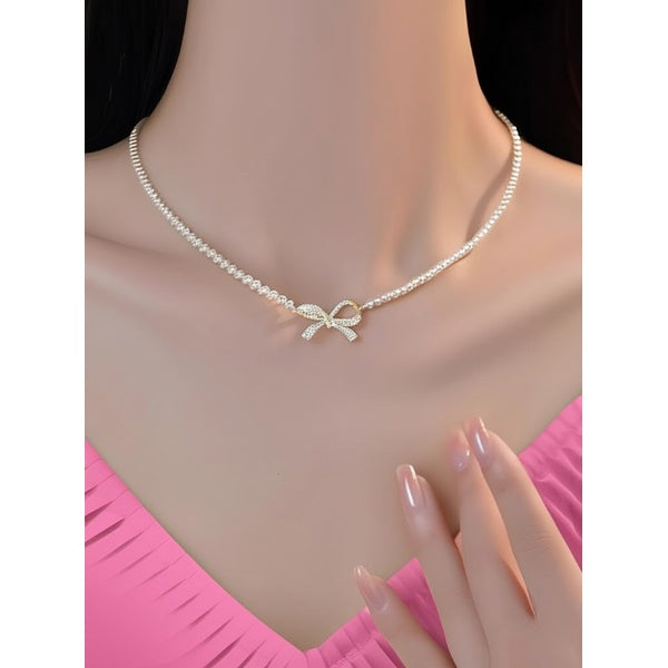 PQT-992 - Bow Shape Pearl Pendant Necklace for Women – Dainty Jewelry with Sparkling Bow Design | Available in Silver & Golden Finish | Perfect Gift for Weddings, Parties & Everyday Glamour - Golden - GlowLaa.com