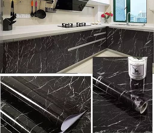 Self-Adhesive Kitchen Black Marble Sheet- Waterproof Heat Resistant Sheet for Living Room, Bathroom, Kitchen Countertops Black Sheet - 02 Meter - Pack Of 01
