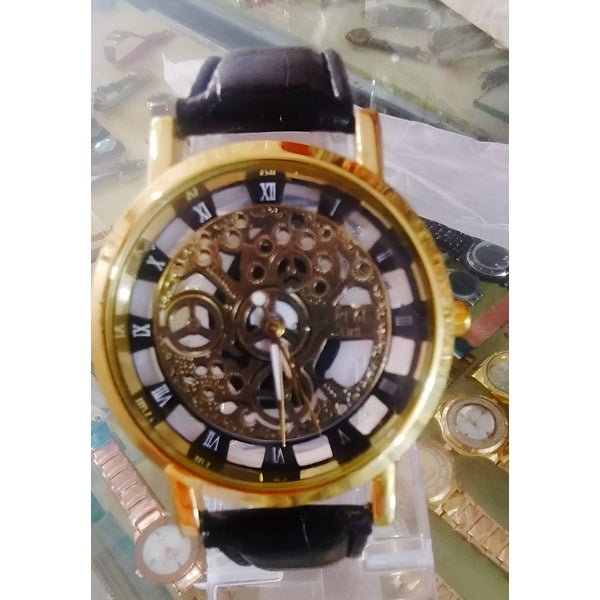 Stylish Leather Watch with Gold-Tone Stainless Dial & Black Strap Without Box - GlowLaa.com