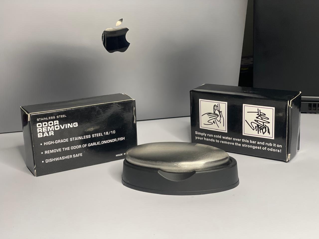 Odor removing steel soap bar with stand and box | soap for lazy people | Odor Remover Bar Deodorant Metal Soap Stainless Steel Soap Bar Eliminating Smell Like Onion, Garlic or Fish and Holder Dishes for Kitchen