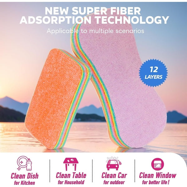 12-Layer Tearable Rainbow Rag, Reusable Dual Sided Dish Sponge, Rainbow Scrub Sponge, Multi-Purpose Cleaning Rag for Cars, Glass, Furniture (Random color)