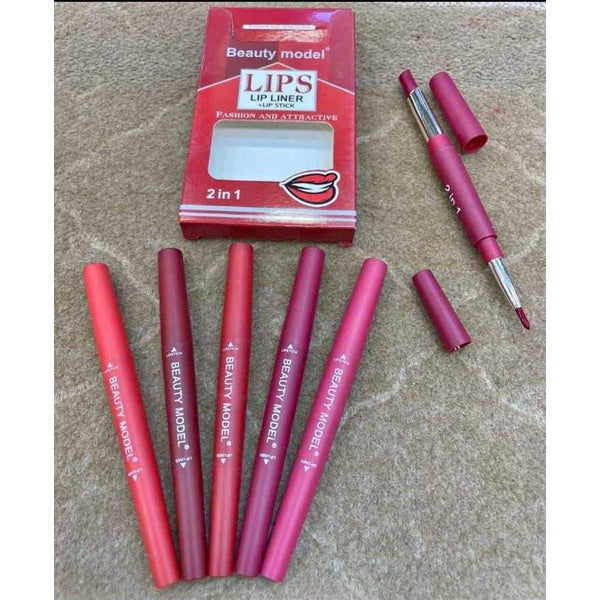 2-in-1 Lipstick & Lip Liner Pack – 6 Vibrant Colors, Waterproof & Long-Lasting
