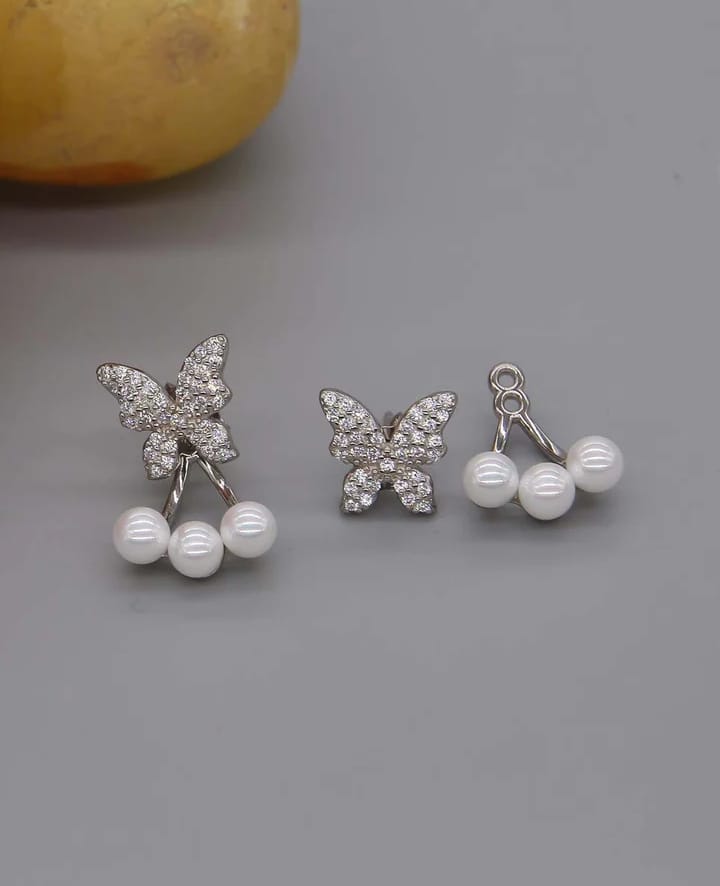 Butterfly Pearl Korean Earrings For Girls - silver