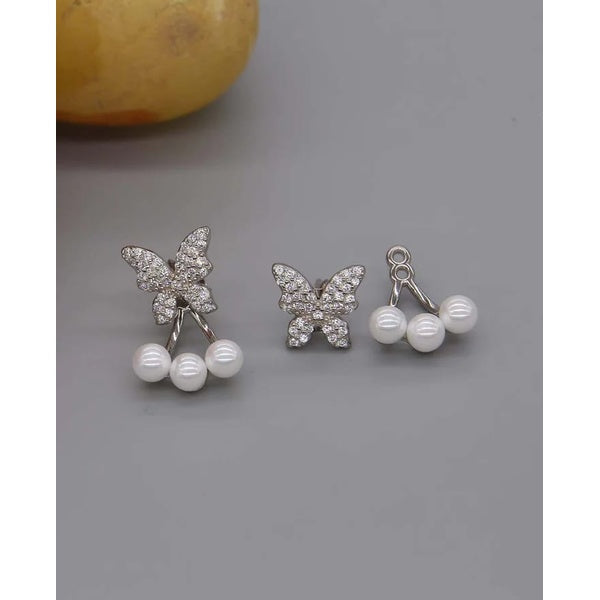 Butterfly Pearl Korean Earrings For Girls - silver - GlowLaa.com