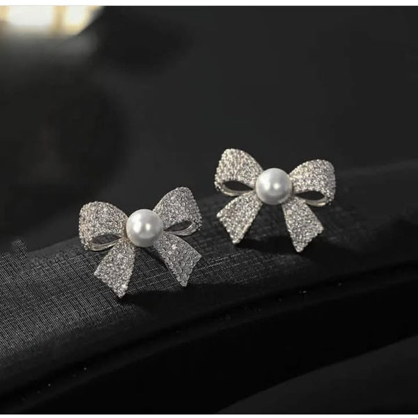 Korean Elegant Zircon Bow style Earrings Pearl style Bow Earrings For Girls - Silver - GlowLaa.com
