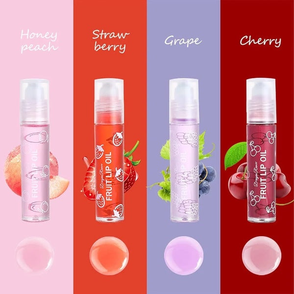 Pack of 4 - Fruit Lip Oil Non-Sticky Set In Peach, Grape, Strawberry, Cherry Flavor - GlowLaa.com