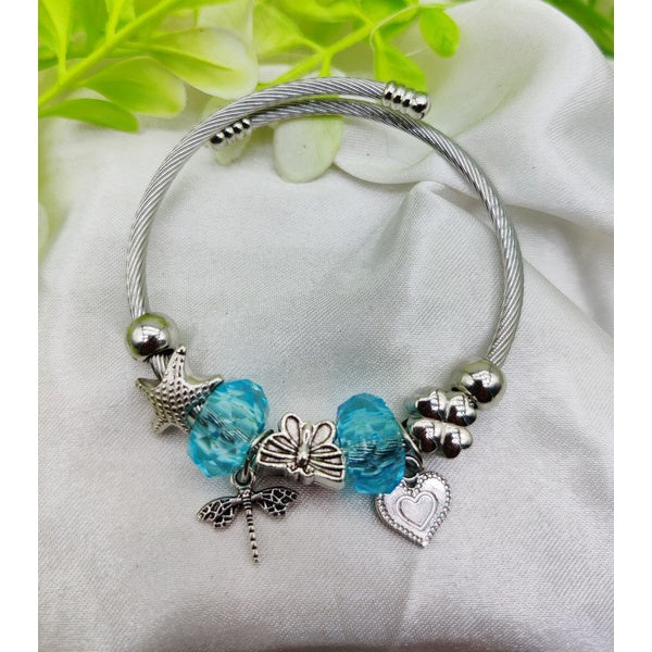 Imported Elegant Pandora-Inspired Silver Charm Bracelet with Ocean Blue Beads & Delicate Charms| Best Quality Bracelet For Girls & Women - GlowLaa.com