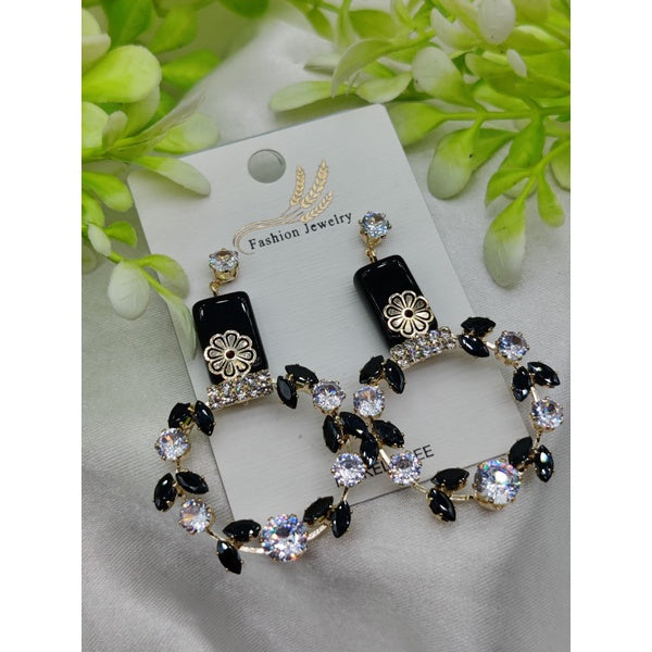 Imported Elegant Floral Hoop Earrings with Black and Crystal Accents | Best Quality Earrings For Girls & Women | Luxury Look Earrings - GlowLaa.com