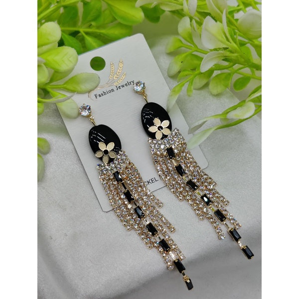 Imported Glamorous Long Tassel Earrings with Black and Crystal | Luxury Look Earrings | Girls Earrings | Women Earrings - GlowLaa.com