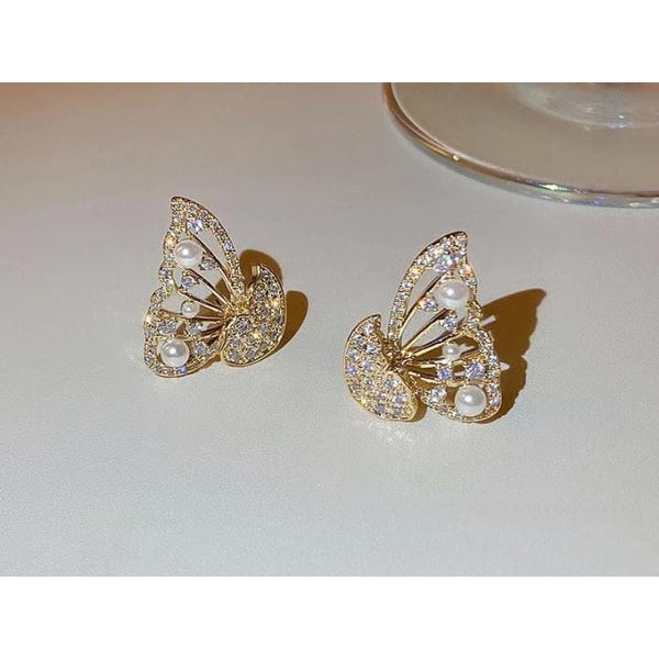 Korean Zircon And Pearl Butterfly front back earrings | Luxury Look Artificial Earrings | Girls Earrings | Women Earrings - Golden - GlowLaa.com