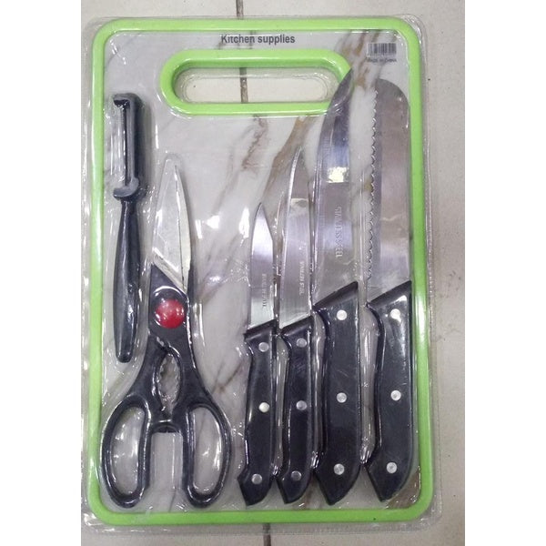 6 in 1 Stainless Steel Knives Set– For meat, bread, fruits, and vegetables | Kitchen Knife Set with Scissors, Peeler & Cutting Board – All-in-One Cooking Essentials with Ergonomic Handles & Sharp Stainless Steel Blades