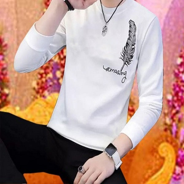 Men's Stylish Leaf Print Full Sleeves T-Shirt - Latest Designer Summer Collection | Premium Stitched Party & Casual Wear for Him - White - M - GlowLaa.com