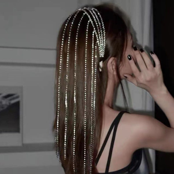 Full Rhinestone Long Tassel Headband For Women Multilayer Flashing Crystal Hairband Party Hair Accessories - GlowLaa.com