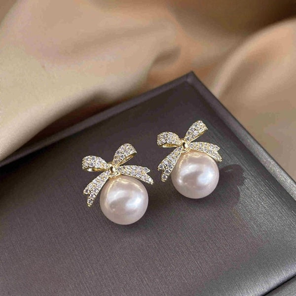 Bow sparkle diamond pearl stud earrings / Pearl Earrings Women's Earrings for Gift - Golden - GlowLaa.com