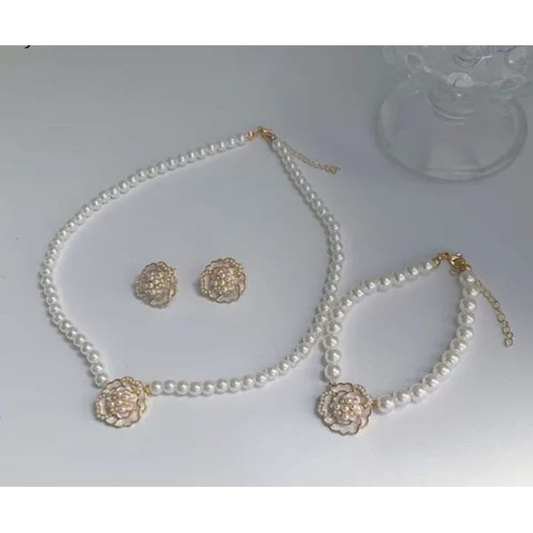 Elegant Flower Design Pearl Stone Set / Necklace/ Earrings /Braclet For Women Jewelry - black - GlowLaa.com