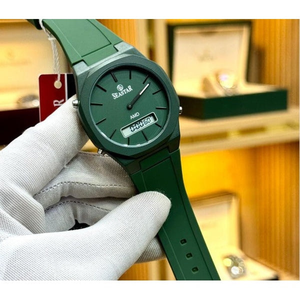 SEASTAR SS-1110Gc Men’s Waterproof Quartz Watch – Analog Digital Display, Silicone Strap, Premium Build (Without Box) - Green - GlowLaa.com