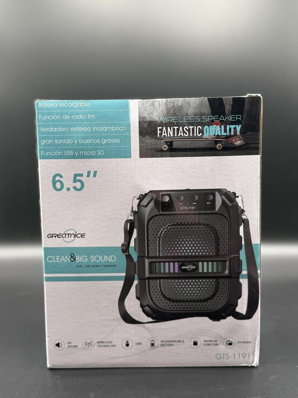 GTS-1191 10W Wireless Portable Bluetooth Speaker with 6.5" Subwoofer, FM Radio, 1200mAh Battery, Loud Volume, USB/AUX/TF Support, Belt Strap for Outdoor Travel, Party, Picnic, Camping Use