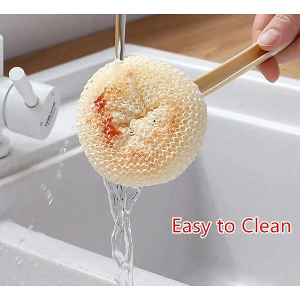 Multipurpose Fiber Cleaning Balls with Long Handle – Reusable Scrubbers for Kitchen & Household Cleaning (1 Handle & 3 Balls)(Random color) - GlowLaa.com
