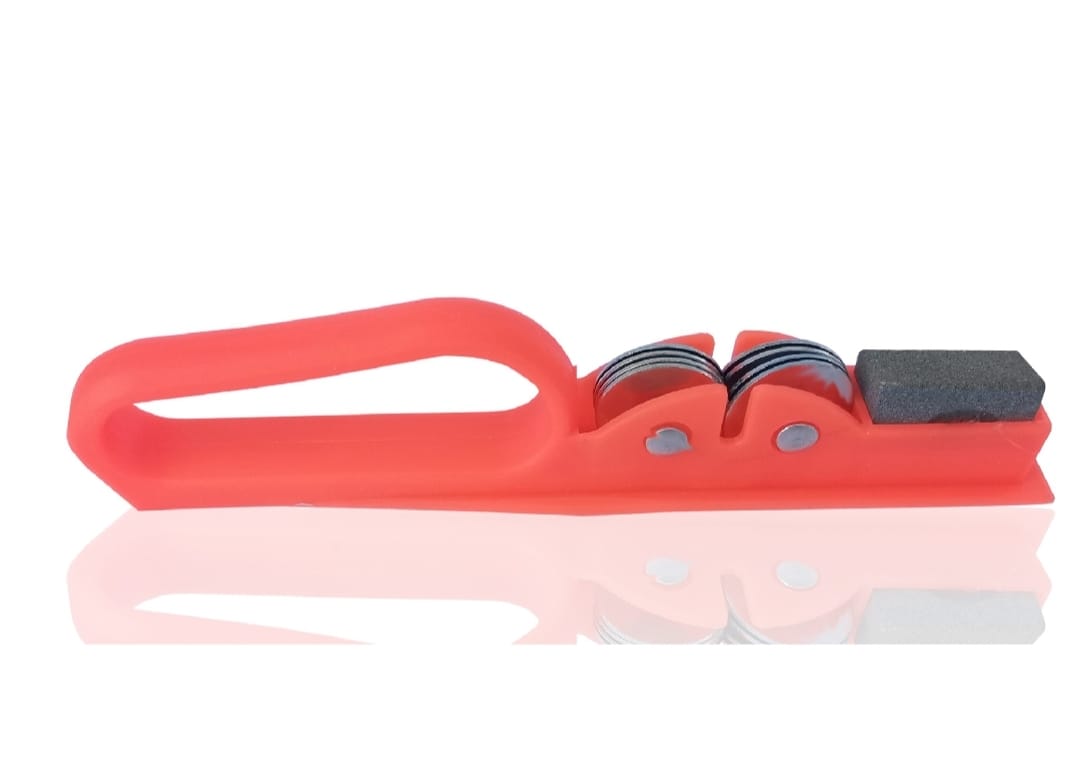 Professional Knife Sharpener with 8-Wheel Blades & Sanding Stone | Durable Plastic Grip, Coarse & Fine Sharpening Slots for Kitchen Knives | Compact & Reliable Knife Filer for Quick Sharpening & Polishing (Random Color)