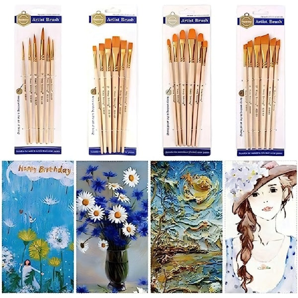 Pack of 6 Professional Angular Brush Set for Artists – Wooden Handle & Ultra-Soft Tapered Bristles | Multi-Purpose Brushes for Painting, Designing, Calligraphy & Craft | Ideal for Acrylic, Oil & Watercolors - GlowLaa.com
