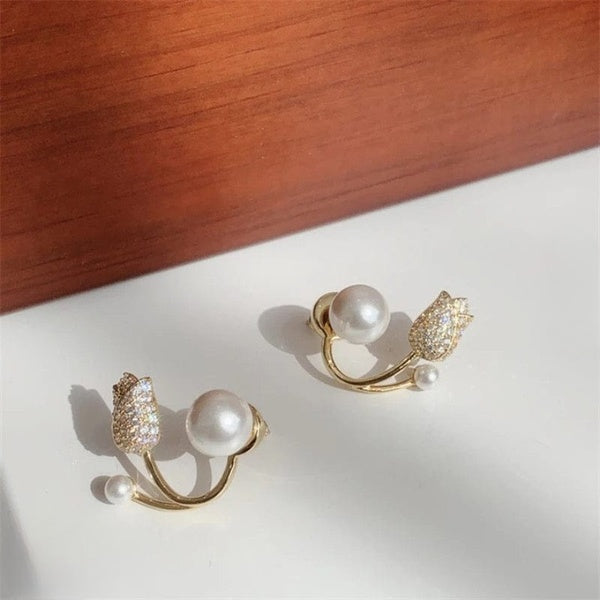 Beautiful Pearl Zircon Korean Flower Earrings for Women – Elegant Floral Design with Sparkling Zircon and Pearl Detailing | Premium Silver and Golden Fashion Jewelry for Parties, Weddings, and Daily Wear | AWT-999 - Golden - GlowLaa.com