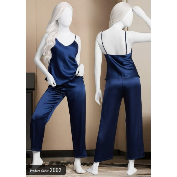 Satin Sleepwear Set – Spaghetti Top & Loose Trouser – Free Size (2002) - Blue - GlowLaa.com