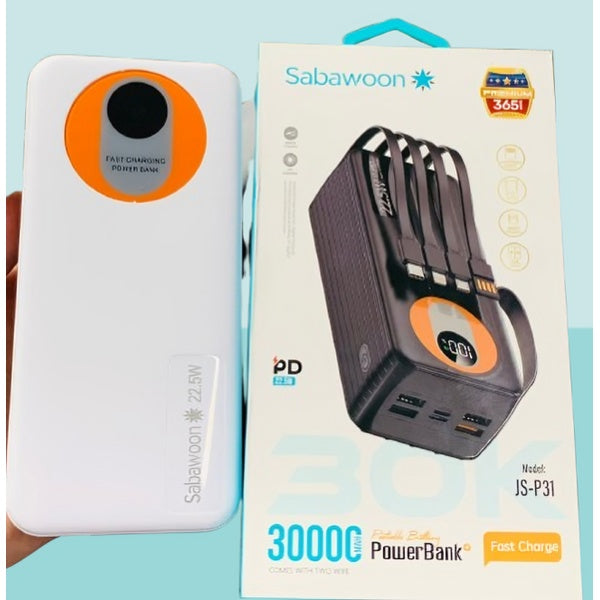 Sabawoon 30000mAh Power Bank – Fast Charging, Built-in 4 Cables, Lithium Battery, Universal Mobile Compatibility - GlowLaa.com