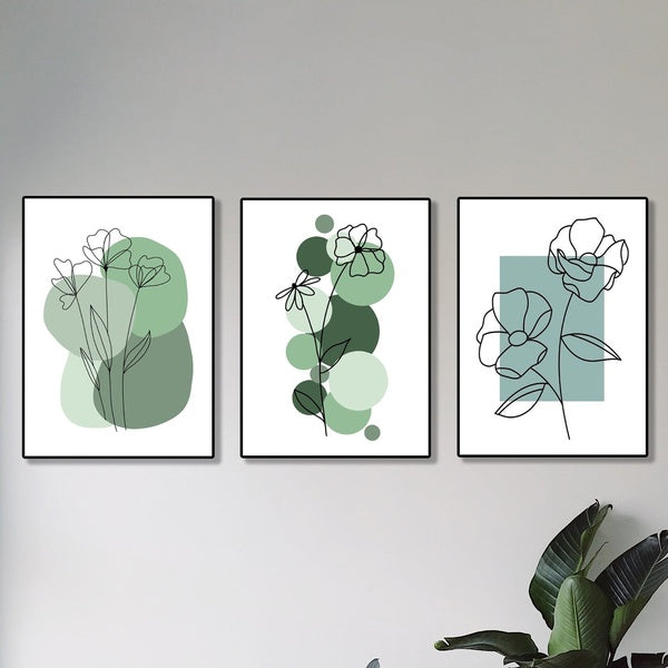 set of 3 abstract plant art wooden canvas frames for wall decore / sticky phototiles for home and office - GlowLaa.com