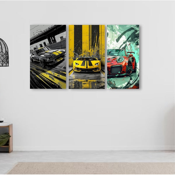 Set Of 3 Cars Art Wooden Frames For Wall Decoration / Sticky Photo Tiles - GlowLaa.com