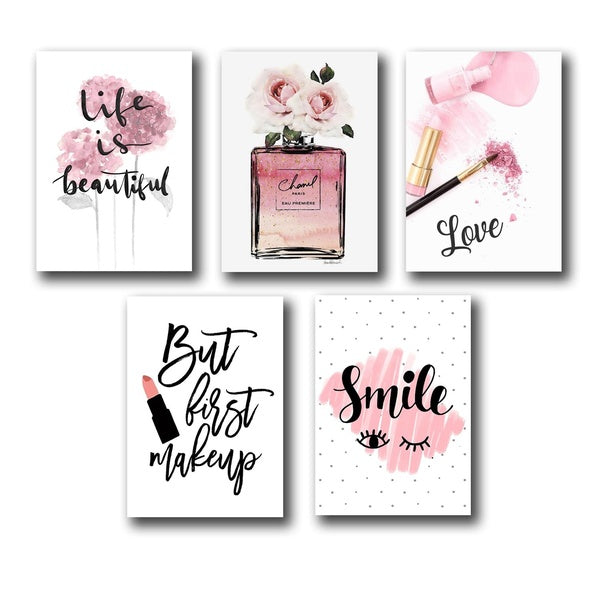 set of 5 make up themed girls room decor wall art wooden sticky Phototile frames (8 x 11 inches) - GlowLaa.com