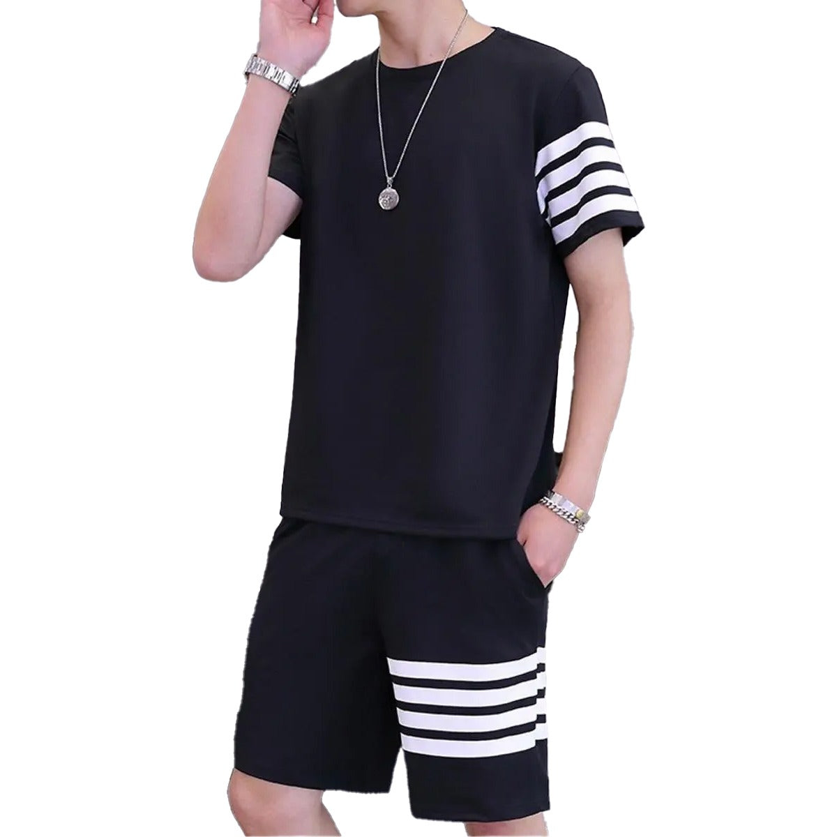 Black Color Trendy LINE Printed Tracksuit for Men | Cotton T-Shirt & Shorts | Summer Casual Wear | Gym & Elegant Suit - M