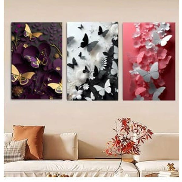 Butterfly Wall Art Set – 3 Wooden Frames (8x11”) with Elegant Floral & Nature Designs | Easy Wall Mounting with Double Tape - GlowLaa.com