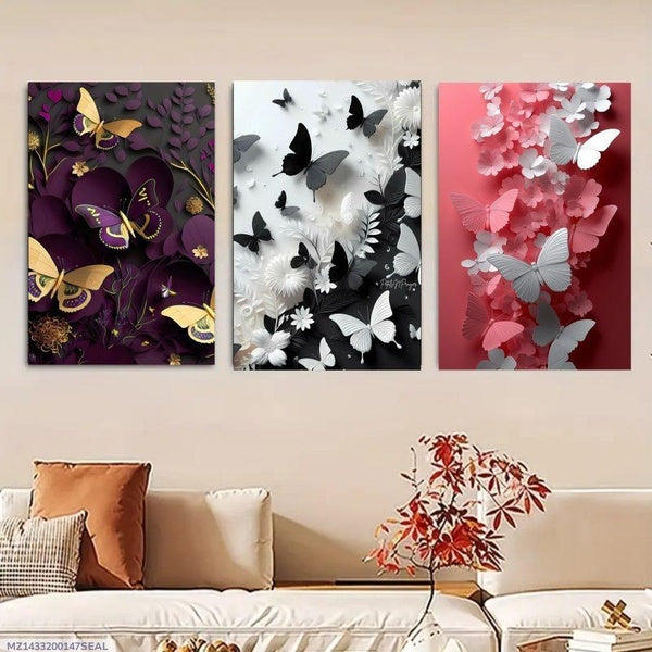 Set of 3 Butterfly Wall Frames – Wooden Decorative Art in 8x11 & 12x16 Inches with Double Tape for Easy Mounting - GlowLaa.com
