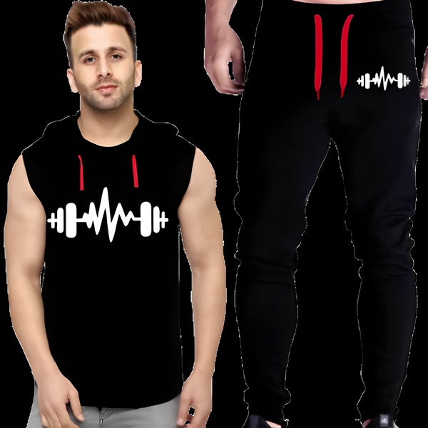 Black Vinyl Dumble Printed Gym Summer Hooded Sleeveless Tracksuit for Mens (Hooded + Trouser) - M - GlowLaa.com