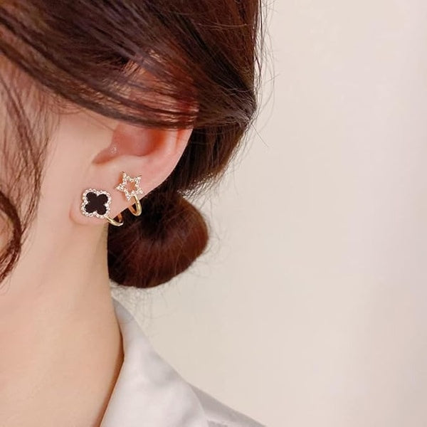 Sparkling Clover Star Earrings – Gold Plated Fashion Jewelry with Black Enamel & Crystal Detailing ( PXJ-107) - Golden - GlowLaa.com