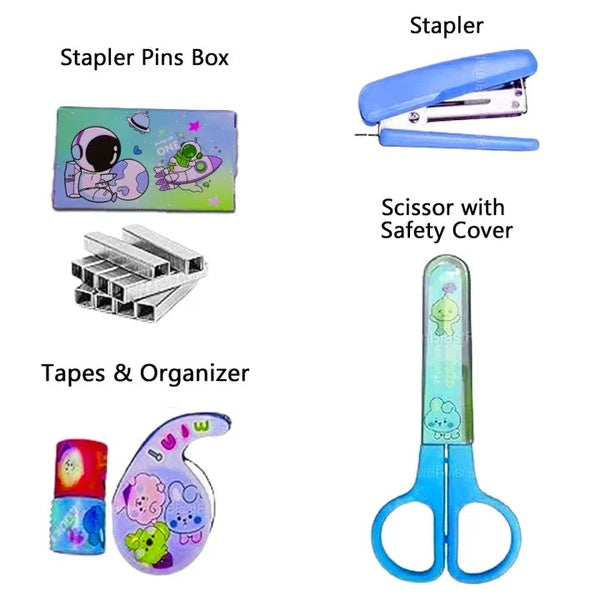 Space-Themed Stationery Set for Students and Office Use – 6-Piece Desk Organizer Kit with Stapler, Staple Pins, Scissors, Mini Washi Tapes, and Tape Dispenser – Creative Back-to-School and Gift Set (Random Color) - GlowLaa.com
