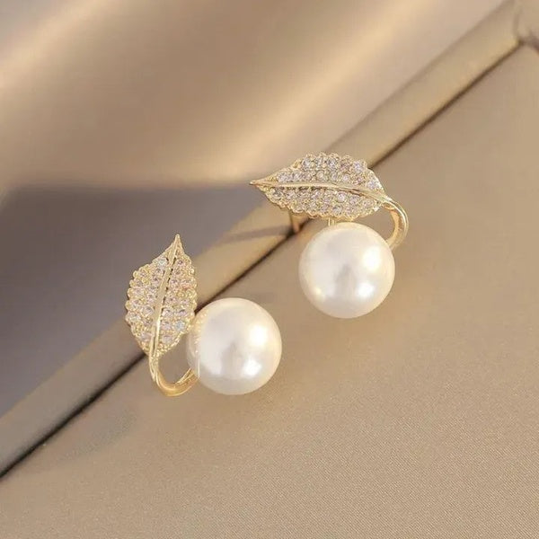 Leaf Pearl Earrings - Classy and Feminine Jewelry for Daily & Party Wear - Studs For Girls And Womens - SILVER - GlowLaa.com